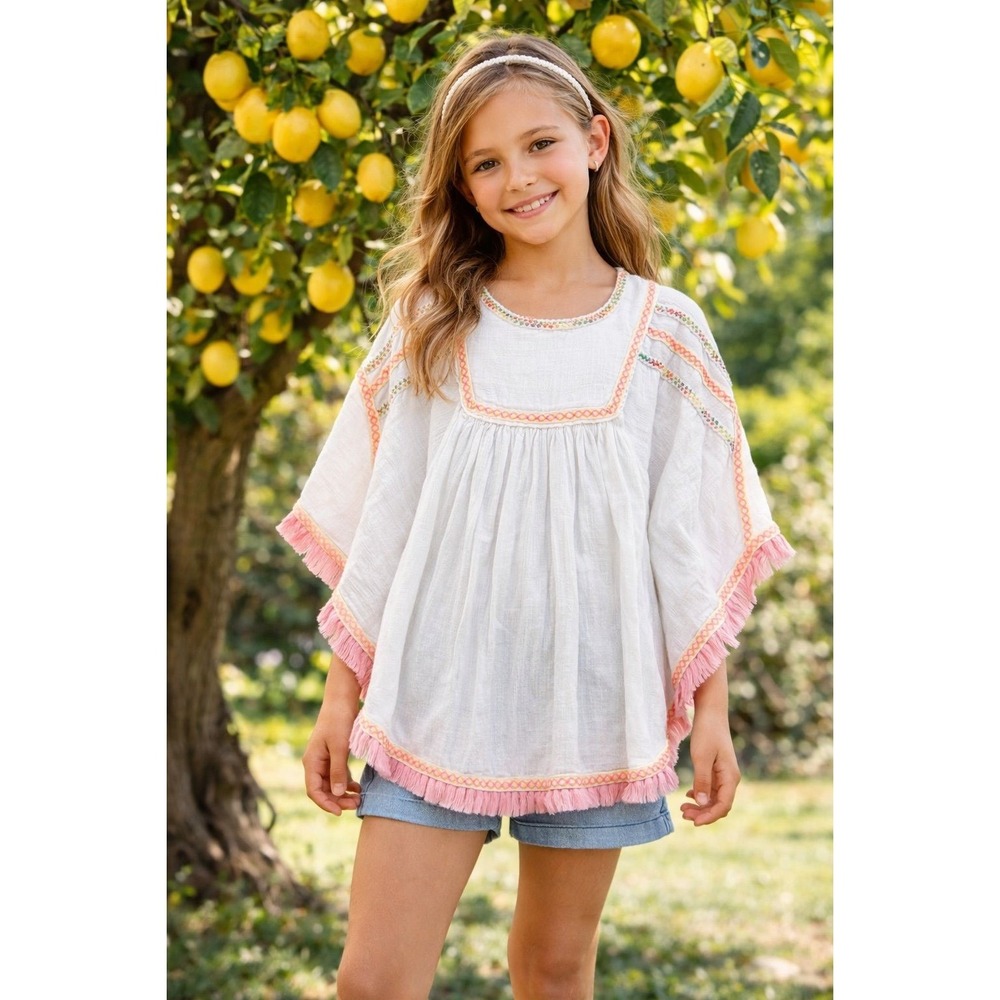 Cat & Jack Girls Boho Poncho Top Size M 7/8 White Embroidered Fringe Cotton‎